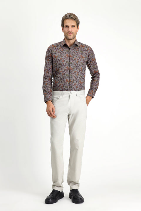 Koyu Füme Uzun Kol Slim Fit Dar Kesim Baskılı Pamuklu Kolay Ütülenebilir Gömlek