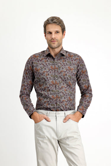  Koyu Füme Uzun Kol Slim Fit Dar Kesim Baskılı Pamuklu Kolay Ütülenebilir Gömlek