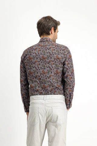  Koyu Füme Uzun Kol Slim Fit Dar Kesim Baskılı Pamuklu Kolay Ütülenebilir Gömlek