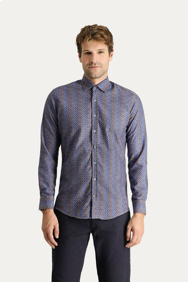  İndigo Uzun Kol Slim Fit Dar Kesim Baskılı Pamuklu Kolay Ütülenebilir Gömlek