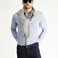 Mavi Uzun Kol Slim Fit Dar Kesim Baskılı Pamuklu Kolay Ütülenebilir Gömlek