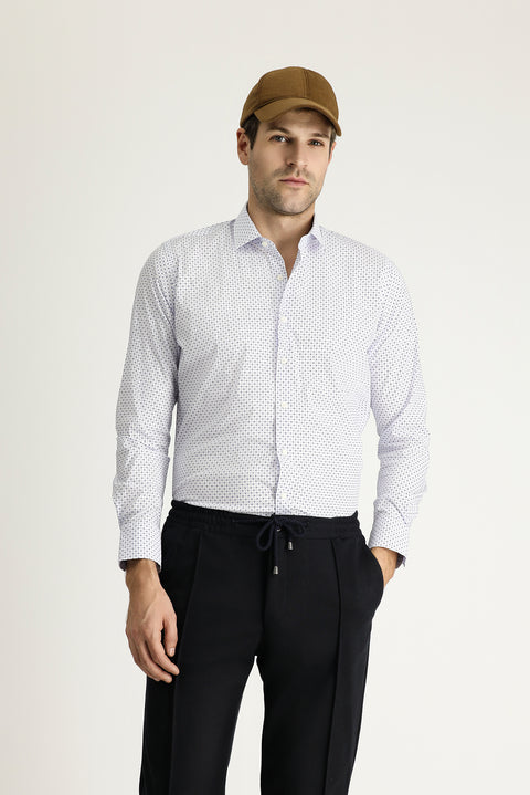 Açık Mavi Uzun Kol Slim Fit Dar Kesim Baskılı Pamuklu Gömlek