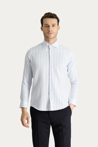  Açık Mavi Uzun Kol Slim Fit Dar Kesim Çizgili Pamuklu Gömlek