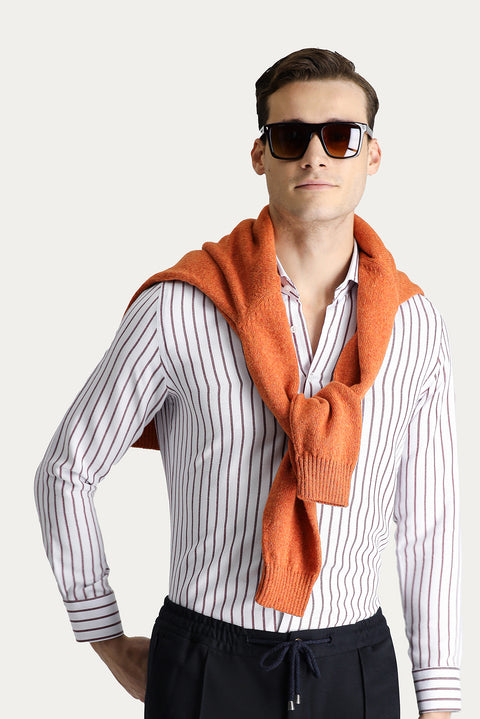 Koyu Bordo Uzun Kol Slim Fit Dar Kesim Çizgili Pamuklu Kolay Ütülenebilir Gömlek