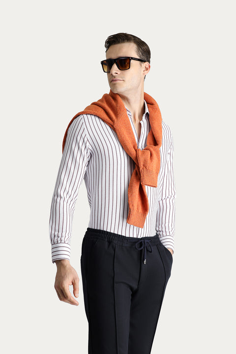 Koyu Bordo Uzun Kol Slim Fit Dar Kesim Çizgili Pamuklu Kolay Ütülenebilir Gömlek