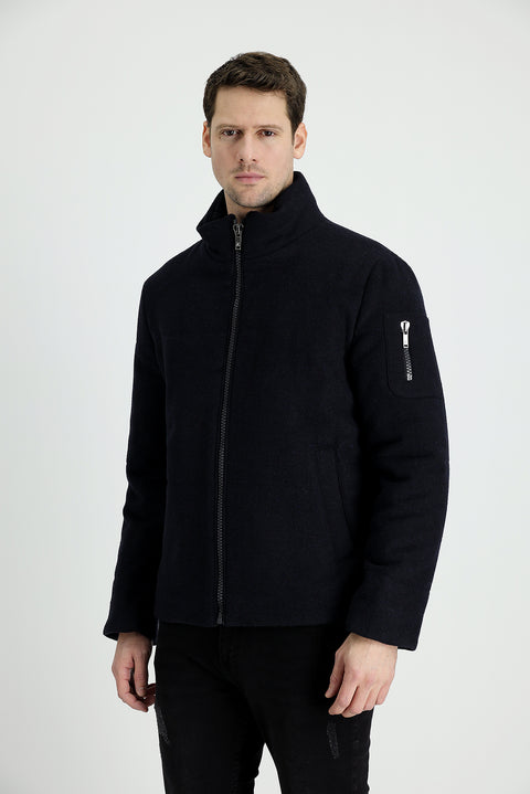 Koyu Lacivert Yünlü Kaşe Mont