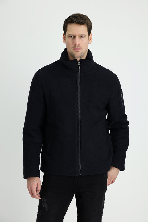 Koyu Lacivert Yünlü Kaşe Mont