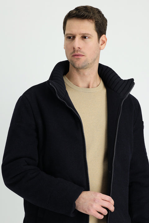 Koyu Lacivert Yünlü Kaşe Mont