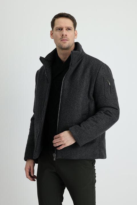 Açık Antrasit Yünlü Kaşe Mont