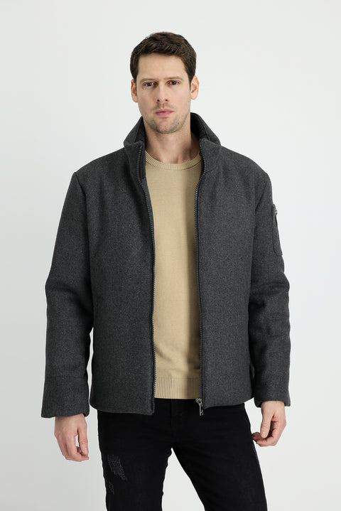 Orta Antrasit Yünlü Kaşe Mont