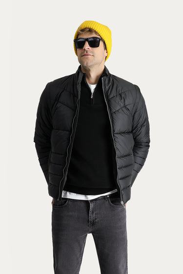 Siyah Slim Fit Dar Kesim Şişme Spor Mont