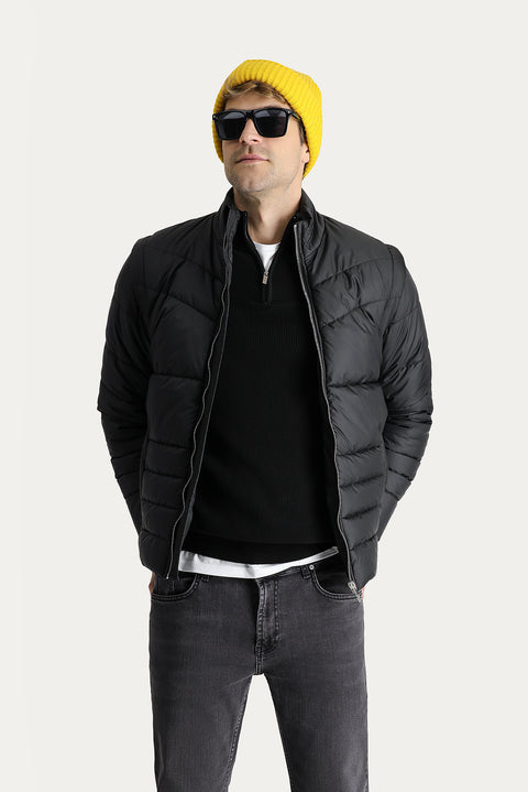 Siyah Slim Fit Dar Kesim Şişme Spor Mont