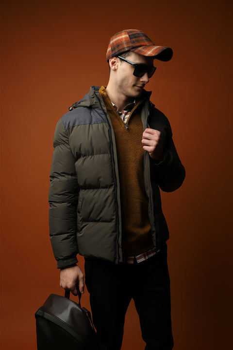 Orta Haki Slim Fit Dar Kesim Kapüşonlu Spor Mont