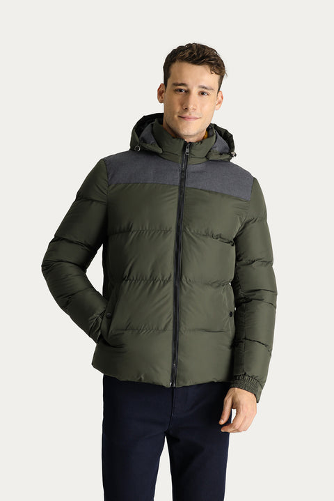 Orta Haki Slim Fit Dar Kesim Kapüşonlu Spor Mont