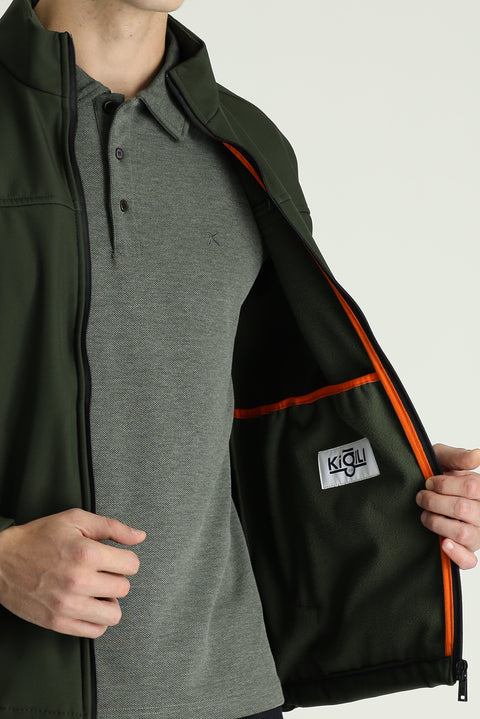 Orta Haki Slim Fit Dar Kesim Softshell Spor Mont