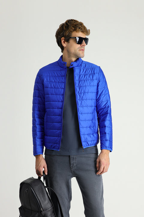 Saks Mavi Dik Yaka Fermuarlı Cepli Kapitone Spor Mont