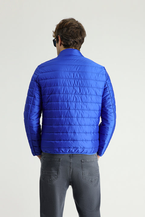 Saks Mavi Dik Yaka Fermuarlı Cepli Kapitone Spor Mont