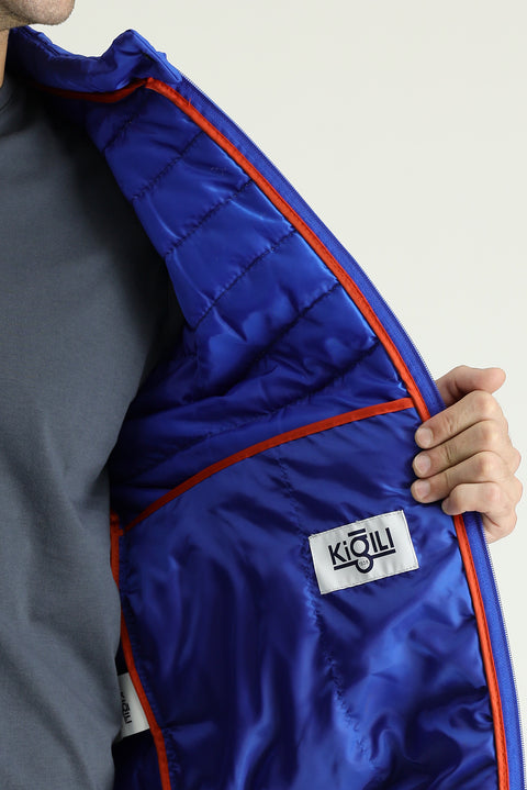 Saks Mavi Dik Yaka Fermuarlı Cepli Kapitone Spor Mont