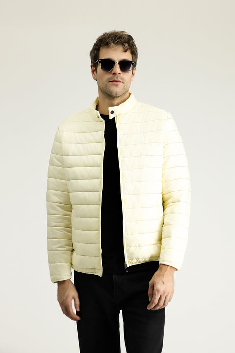 Ekru Dik Yaka Fermuarlı Cepli Kapitone Spor Mont