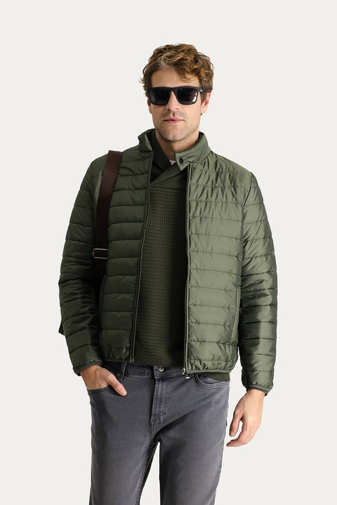 Orta Haki Dik Yaka Fermuarlı Cepli Kapitone Spor Mont