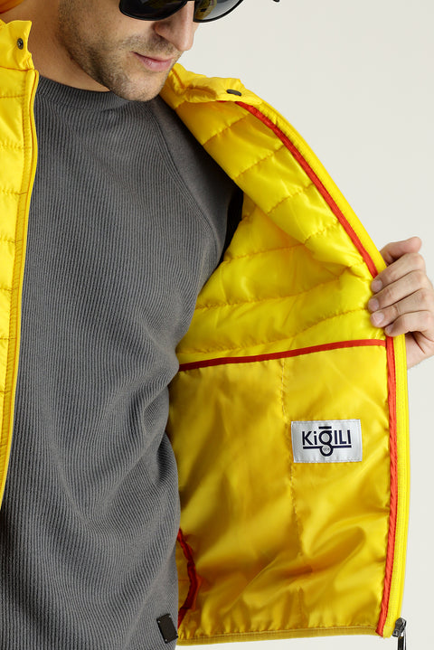 Sarı Dik Yaka Fermuarlı Cepli Kapitone Spor Mont