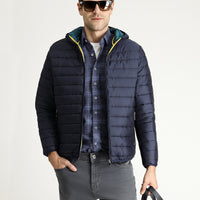 Koyu Lacivert Kapüşonlu Kapitone Spor Mont