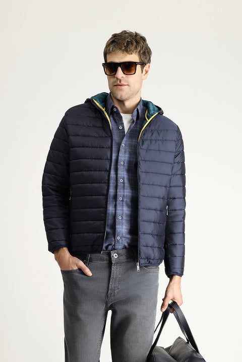 Koyu Lacivert Kapüşonlu Kapitone Spor Mont