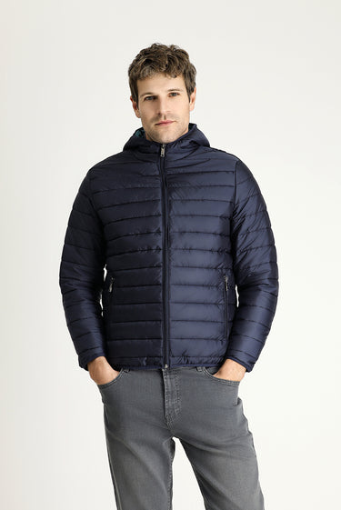 Koyu Lacivert Kapüşonlu Kapitone Spor Mont