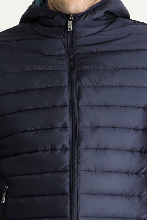 Koyu Lacivert Kapüşonlu Kapitone Spor Mont