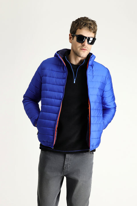 Saks Mavi Kapüşonlu Kapitone Spor Mont