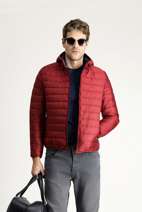 Koyu Kırmızı Kapüşonlu Kapitone Spor Mont