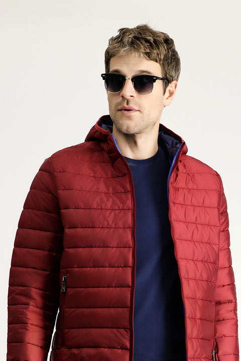 Koyu Kırmızı Kapüşonlu Kapitone Spor Mont