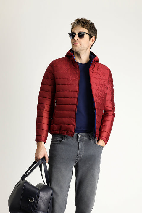 Koyu Kırmızı Kapüşonlu Kapitone Spor Mont