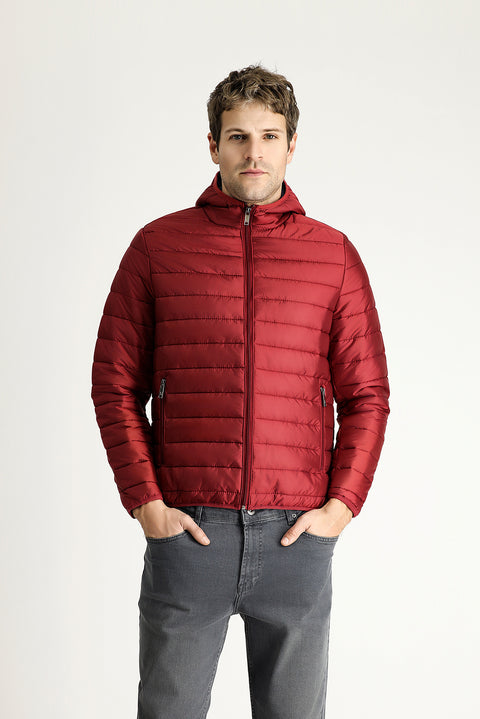 Koyu Kırmızı Kapüşonlu Kapitone Spor Mont