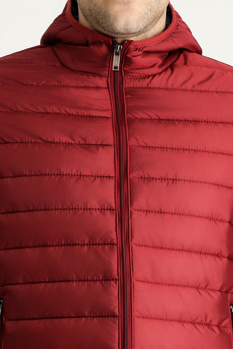 Koyu Kırmızı Kapüşonlu Kapitone Spor Mont