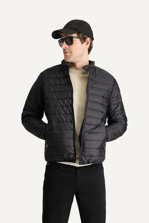 Black Stand Collar Zip-Up Quilted Sport Jacket with Pockets