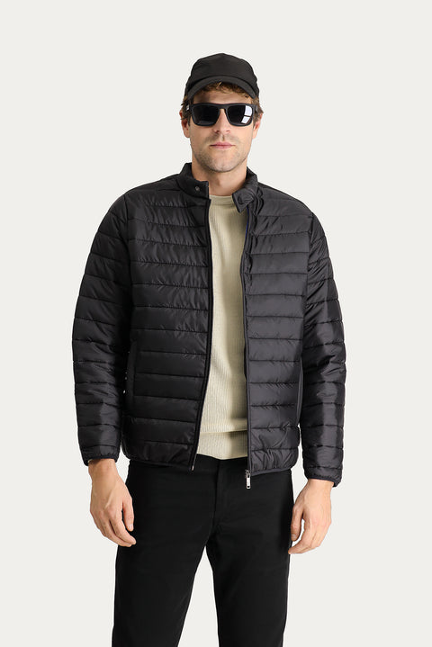 Black Stand Collar Zip-Up Quilted Sport Jacket with Pockets