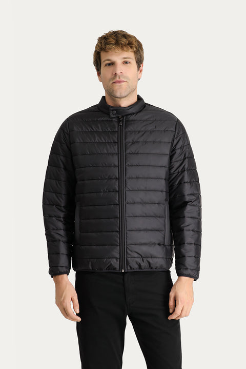 Black Stand Collar Zip-Up Quilted Sport Jacket with Pockets