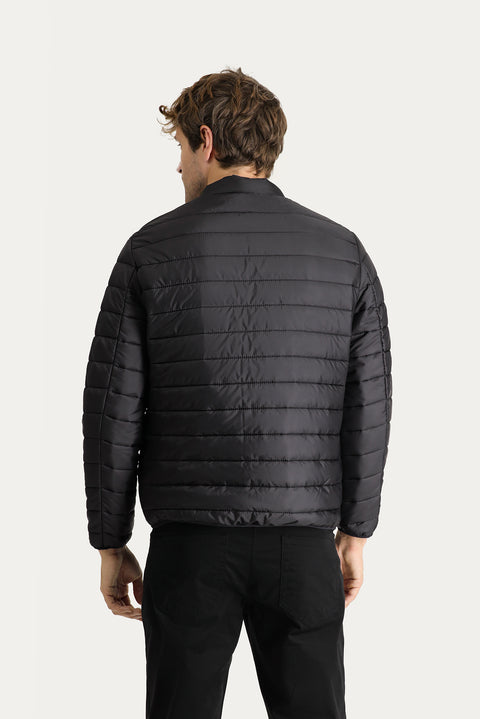 Black Stand Collar Zip-Up Quilted Sport Jacket with Pockets