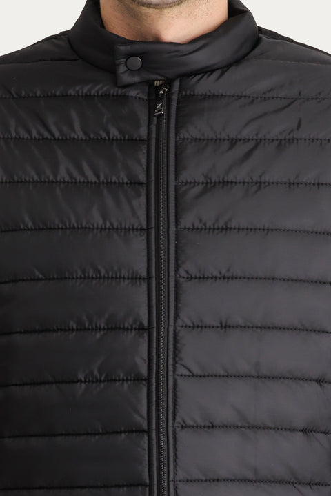 Black Stand Collar Zip-Up Quilted Sport Jacket with Pockets