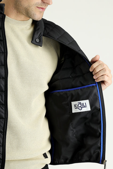 Black Stand Collar Zip-Up Quilted Sport Jacket with Pockets