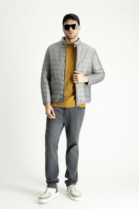 Açık Gri Dik Yaka Fermuarlı Cepli Kapitone Spor Mont