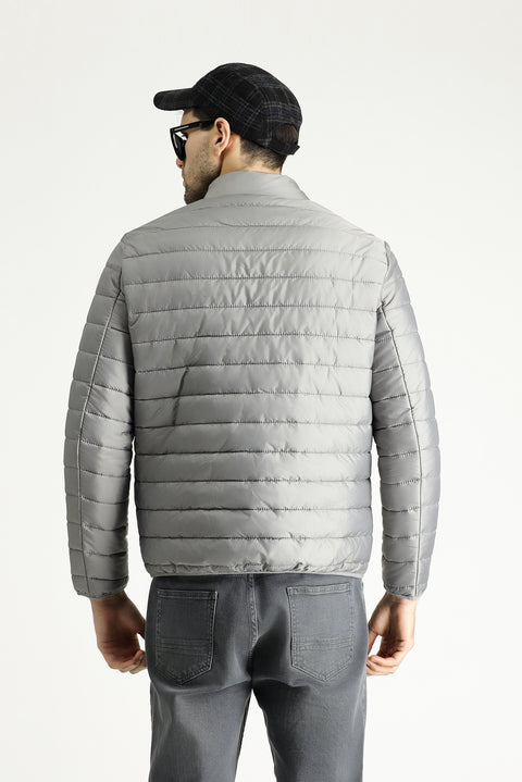 Açık Gri Dik Yaka Fermuarlı Cepli Kapitone Spor Mont