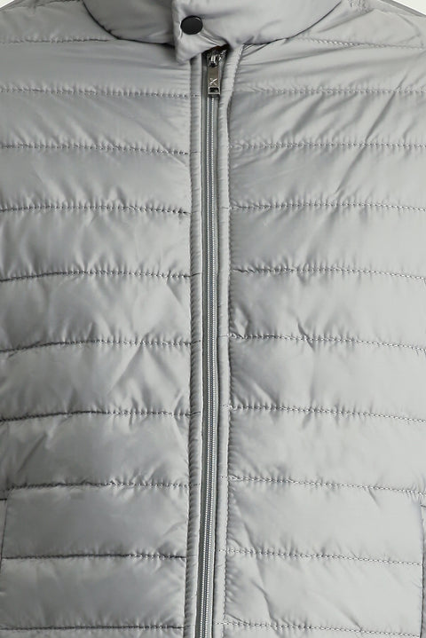 Açık Gri Dik Yaka Fermuarlı Cepli Kapitone Spor Mont