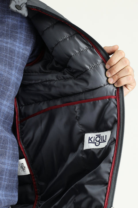 Koyu Füme Dik Yaka Fermuarlı Cepli Kapitone Spor Mont