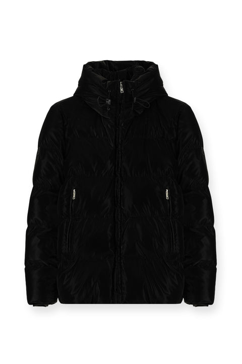Black Hooded Puffer Jacket with Leather Look