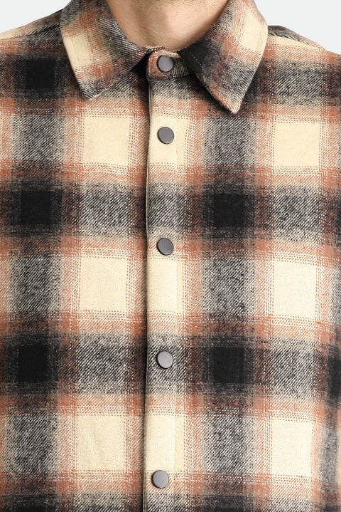 Orta Kahve Oversize Ekose Shacket Oduncu Yünlü Pamuklu Gömlek / Mont