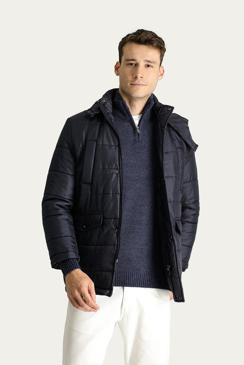 Orta Lacivert Kapüşonlu Spor Şişme Kaban