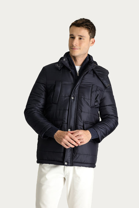 Orta Lacivert Kapüşonlu Spor Şişme Kaban