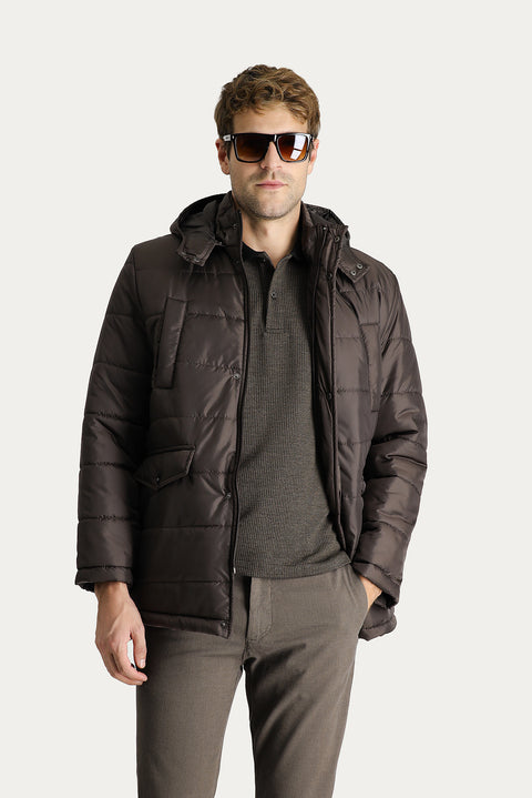 Koyu Kahve Kapüşonlu Spor Şişme Kaban